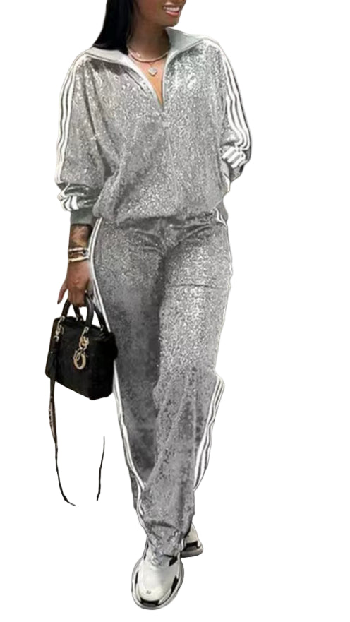 OUDINA Drop-Shipping Fashionable Sequin Pants Suit Autumn Casual Two Piece Set Women Clothing