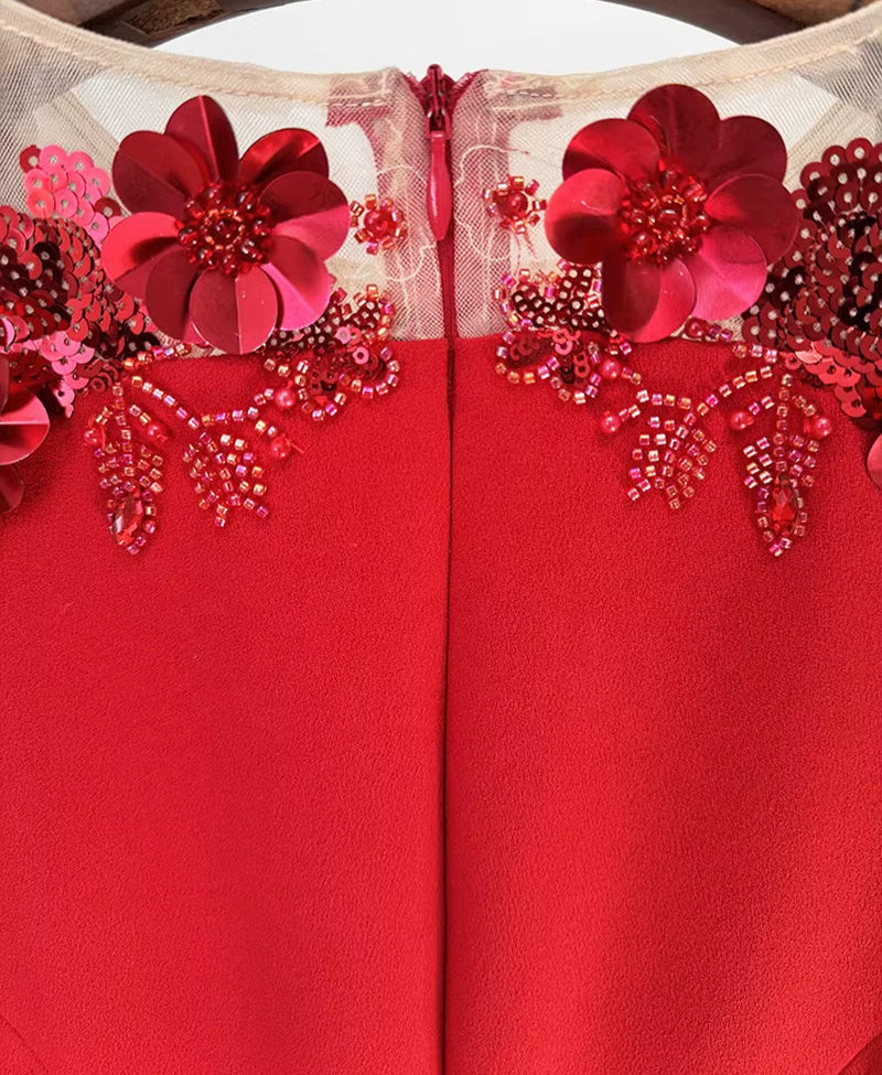 OUDINA New Style Beaded Red Splicing Dimensional Flower Mesh Sleeve Long Dress Dinner Lady Elegant Women Evening Dresses