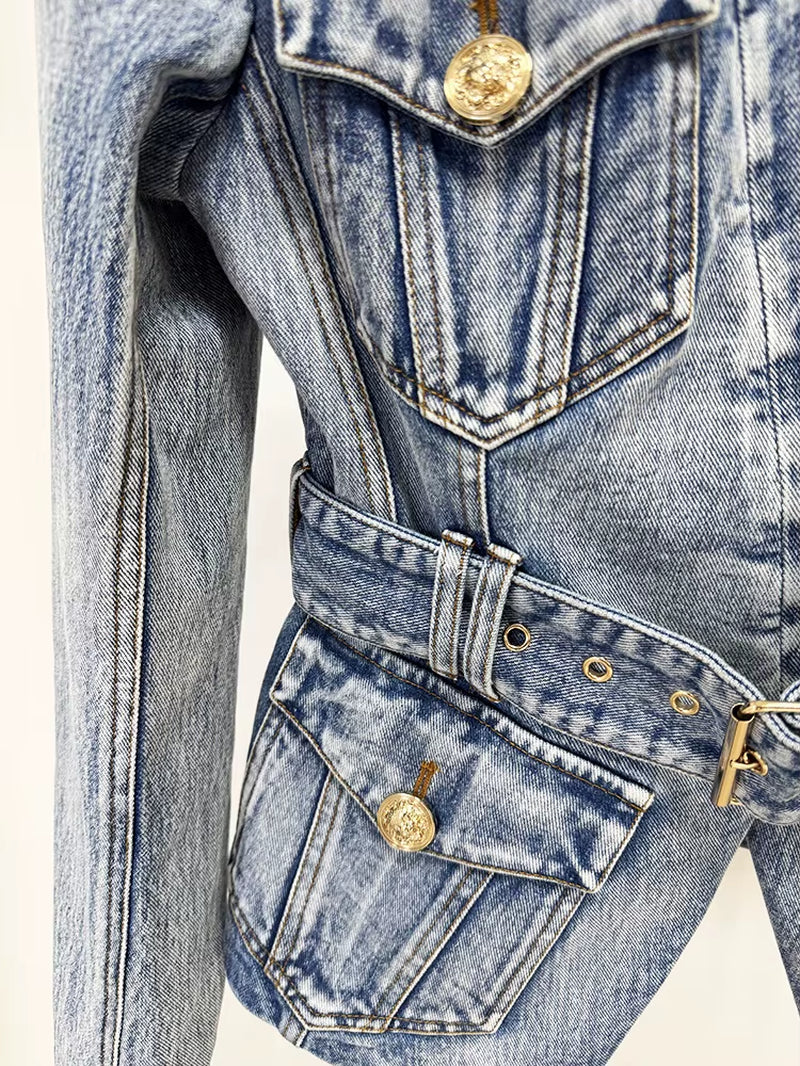 OUDINA Wholesale Ready Stock V Neck Belt Metal Buttons Washed Jean Jacket plus Size XXXL Women'S Jackets