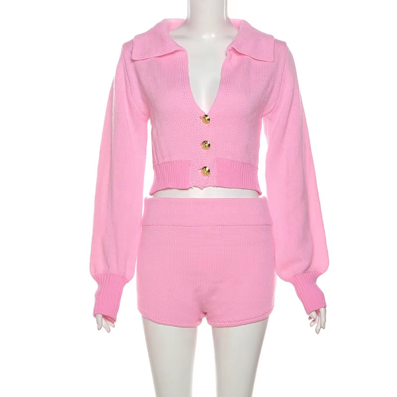 Two Piece Cardigan Knitted Shorts Set