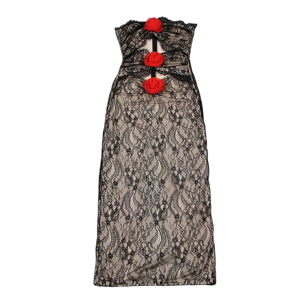 OUDINA European Spring 2024 Flower Tube Top Hollow Perspective Lace Party Evening Elegant Long Women'S Dresses