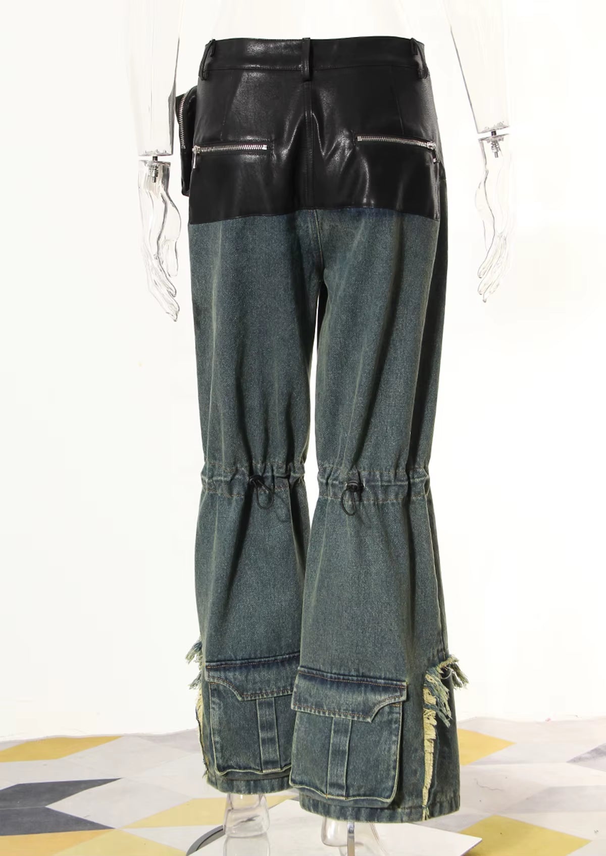 Motorcycle Vintage PU Leather Baggy Denim Trousers