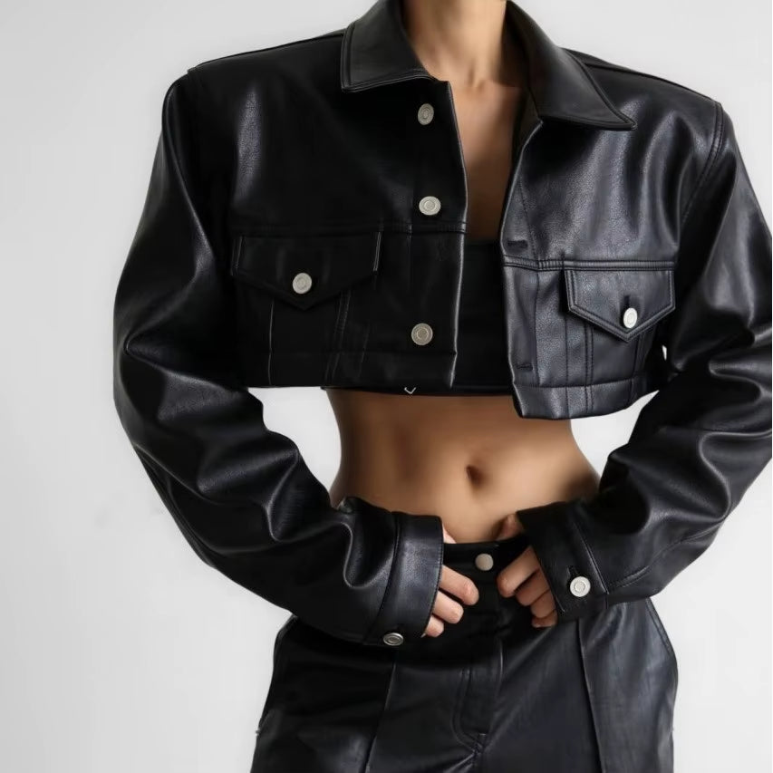 OUDINA High Fashion Buckle Thickened Faux Fur Motorcycle Jacket Leather Winter Coats for Ladies Women