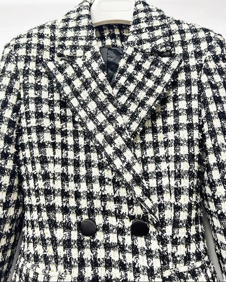 OUDINA High Fashion Long Sleeve Hollow Backless Houndstooth Women plus Size Jacket Blazer Office Formal Ladies Tweed Blazers
