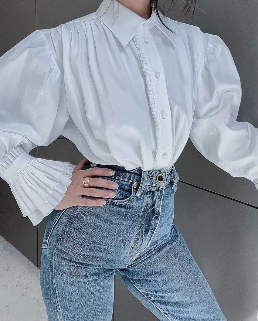 OUDINA Autumn Fashion Korean Blouse Double Layer Ruffle Top White Long Sleeve Shirts Women Casual Shirt