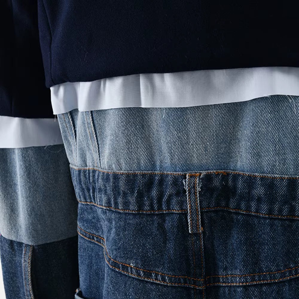 OUDINA Custom Niche Wool Patchwork Denim Windbreaker Jacket New Design Contrasting Color Winter Coat