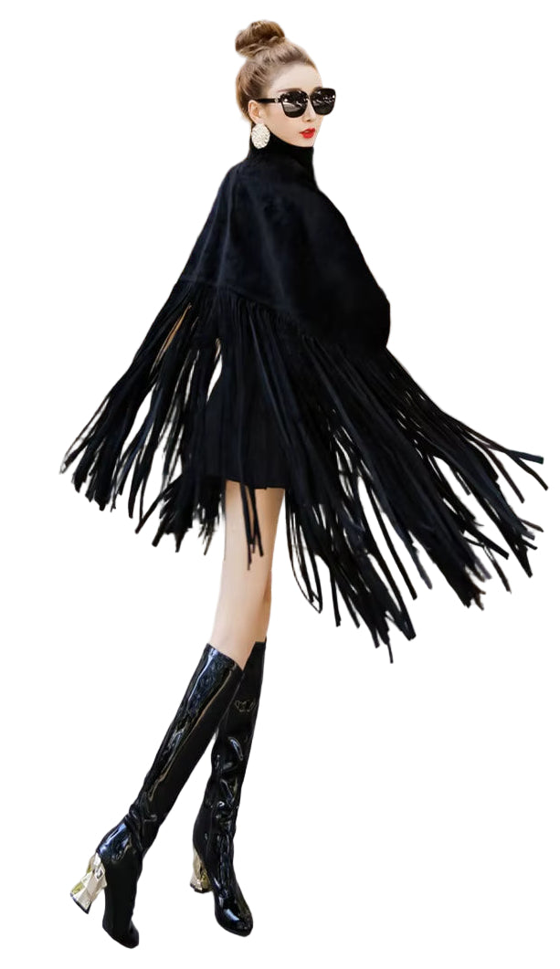 OUDINA Fashion Street Casual Bat Sleeve Cashmere Turtleneck Fringed Winter Cape Women Coat