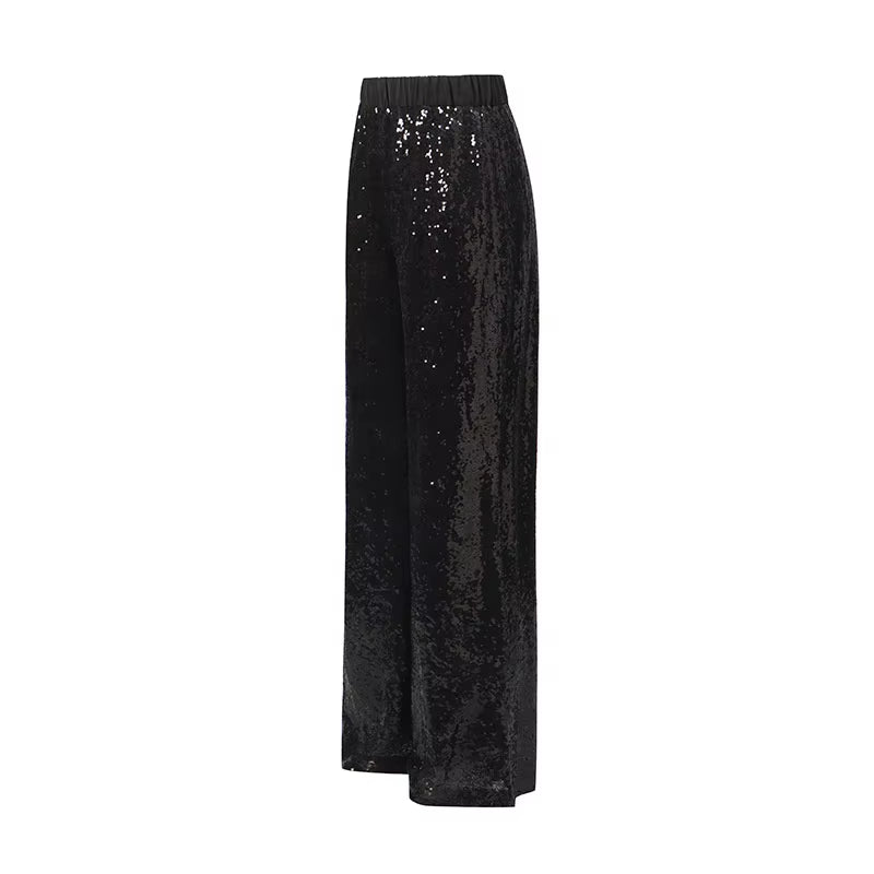 OUDINA Hot Selling Elegant Loose Gradient Black White Sequined Straight Pants Business Blazers Two Piece Women'S Wuits