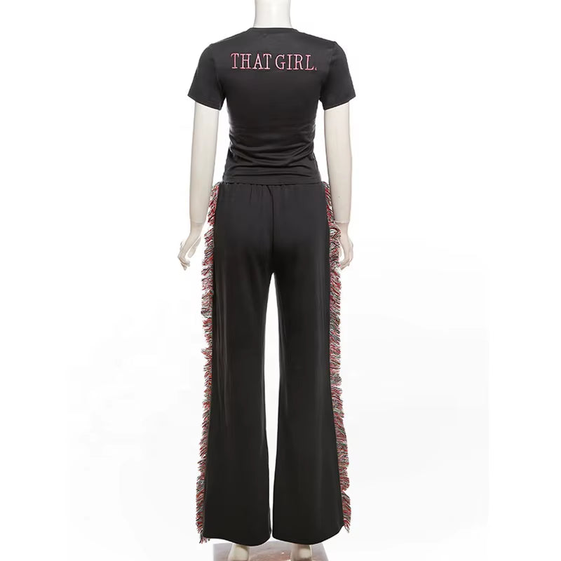 OUDINA Hotselling Casual round Neck Embroidered T-Shirt Tassel Fringed Set Casual Two Piece Pants Custom Sets for Women