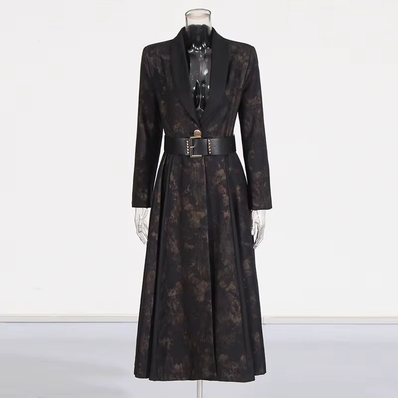 OUDINA Fashion High-End V-Neck Belt Print Long Lady Trench Coats Elegant Trench Coat Women Casual Coats