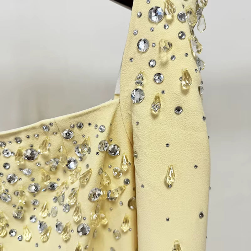 OUDINA Stylish New Long Sleeve Square Collar Beaded Diamond Rhinestones 3XL plus Size Long Gown Women Elegant Party Dresses