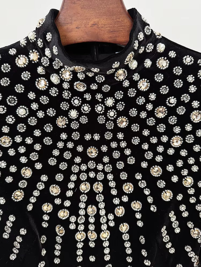 OUDINA 2025 Star Stylish Luxury Long Sleeve Rhinestones Beaded Diamond Gold Velvet plus Size Maxi Long Women Evening Dresses