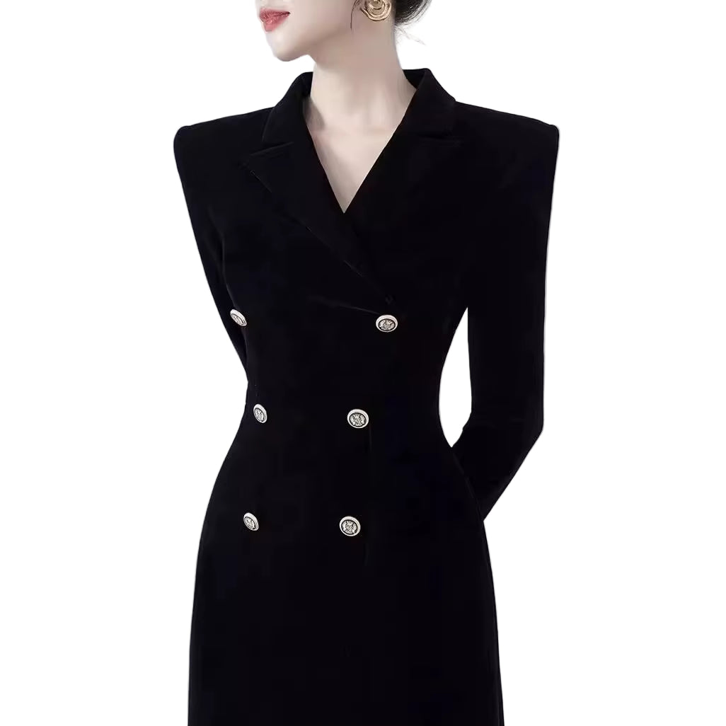 OUDINA French Double-Breasted V-Neck Irregular Temperament Casual Elegant Black Velvet Long Women Jacket Women'S Coats