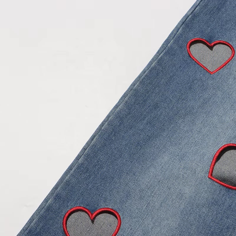 OUDINA Trendy Straight Hollow Heart High Waist Jeans Pants Solid Women'S Denim Pants Casual Women'S Jeans