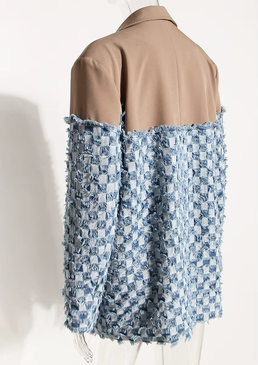 OUDINA New Selling Unique Contrast Color Patchwork Plaid Wash Blazer Denim Jacket Women'S Jackets