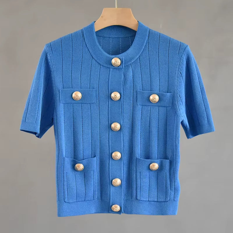 OUDINA Summer French Casual Elegant Button Short Sleeve Cardigan Top Women'S Knitted Sweater