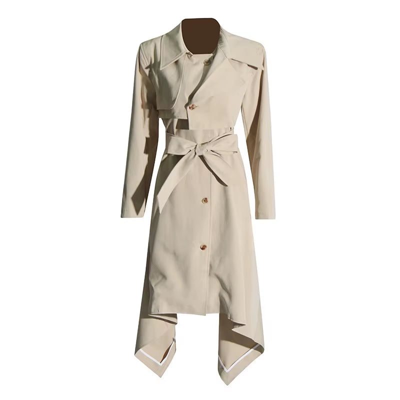 OUDINA Fashion Elegant Solid Splicing Belt Asymmetric Long Women'S Coat Casual Women Trench Coat
