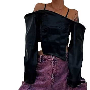 OUDINA New One-Word Collar Off-The-Shoulder Short Women'S Shirt PU Leather Top Women Shirts Blouses and Tops