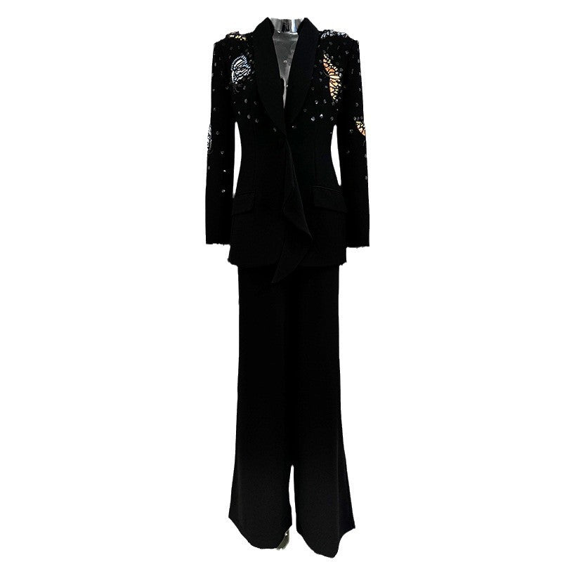 Elegant Nocturne d’Or Two-Piece Suit with Butterfly Sequin Accents