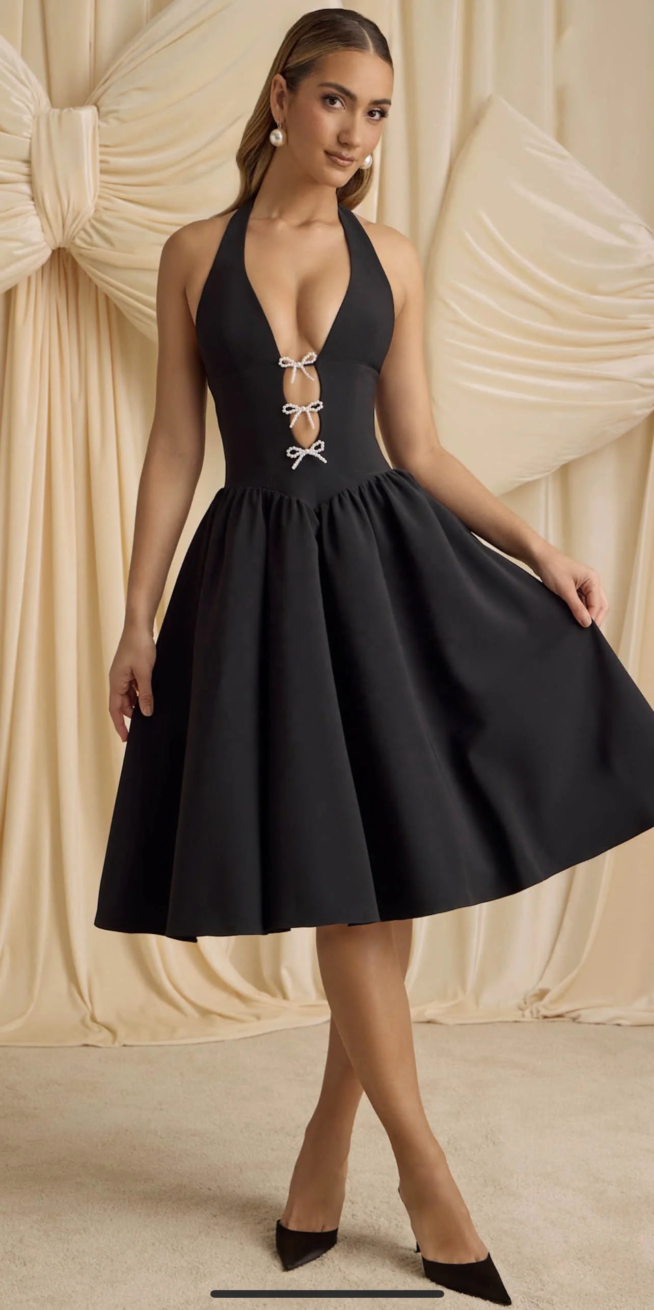 OUDINA New Halter Neck Bowknot Deep V Backless Puffy Dresses Party Elegant Women Casual Long Dress