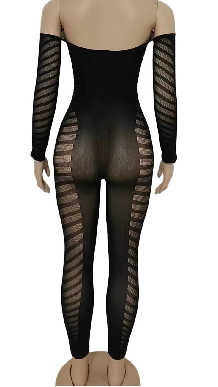 OUDINA New Style Women'S Jumpsuits Solid Color Sexy Long Sleeve Hollow See through Backless Tight Jumpsuit