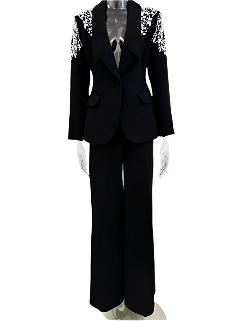 OUDINA New Elegant Rhinestones Beaded Diamond Single Button Suits Blazer Pants Two Piece Sets Women'S Suits & Tuxedo