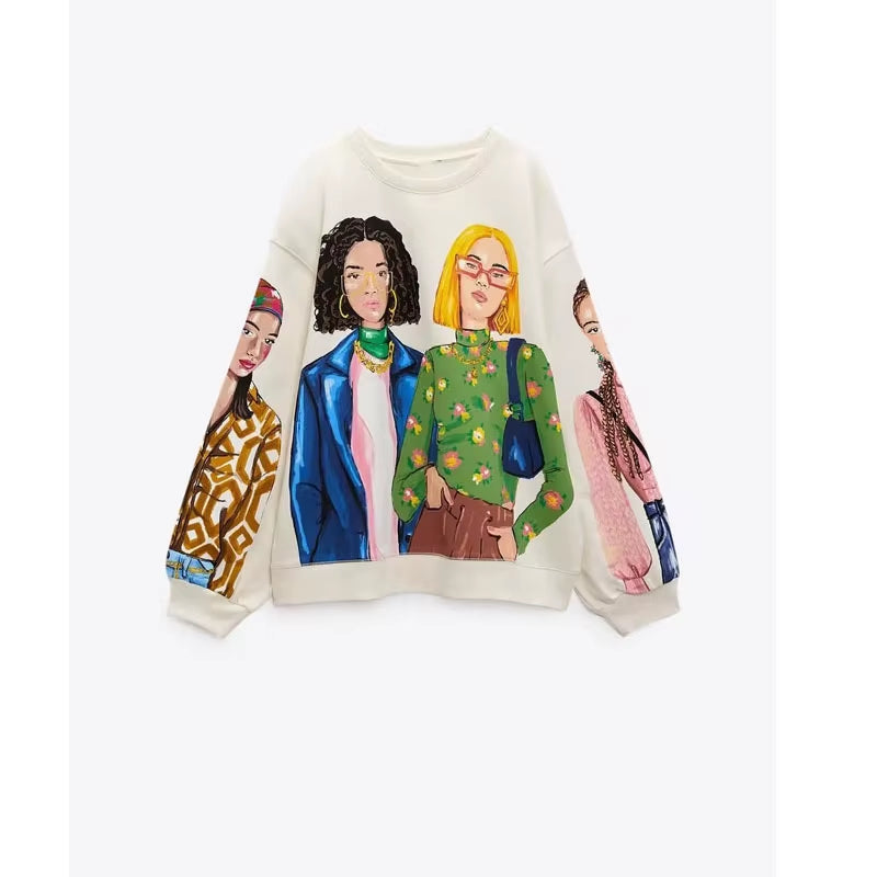 OUDINA Wholesale Casual Oversized Pattern Printed Crewneck Women'S Clothing Sweatshirt Women Sweatshirts