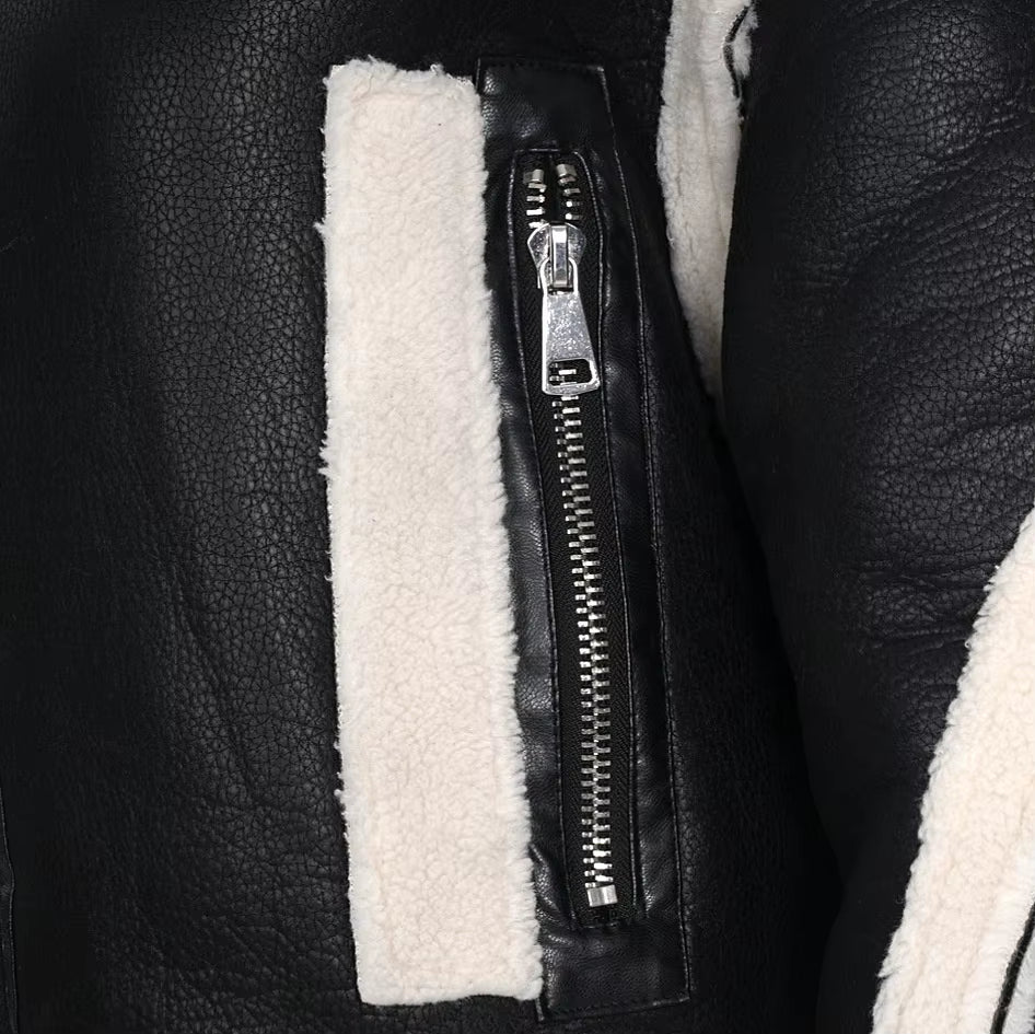 OUDINA New Style Thick Cotton PU Leather Motorcycle Lamb Wool Coats Jacket Winter Coat for Women