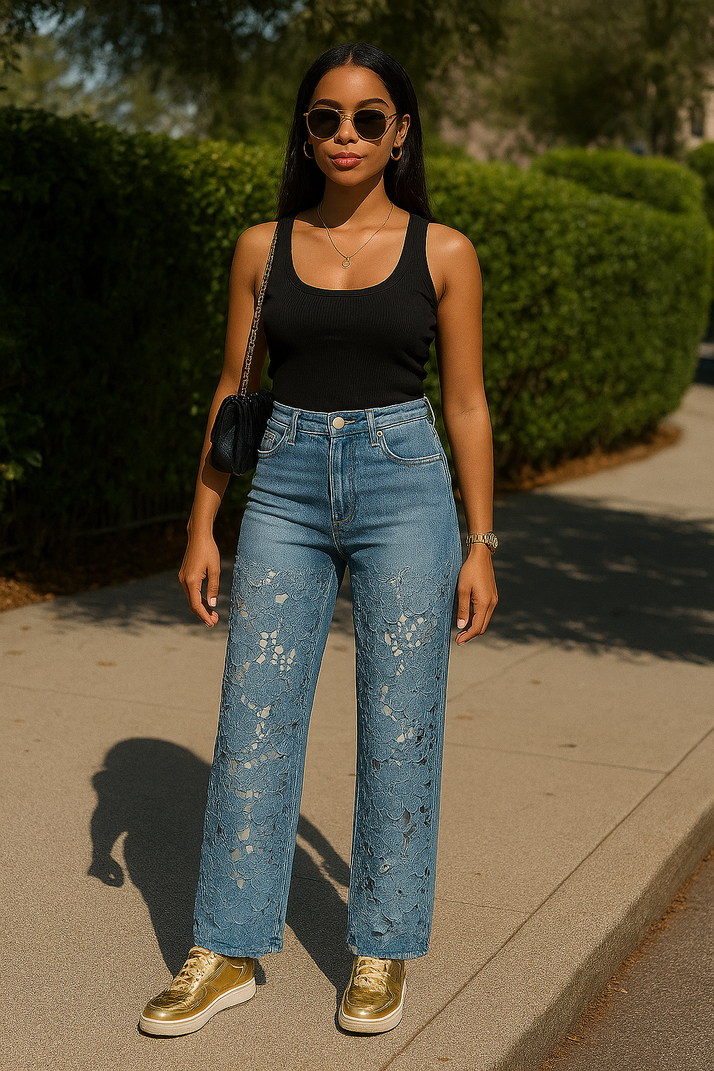 Foral Lace Panel High-Waist Jeans