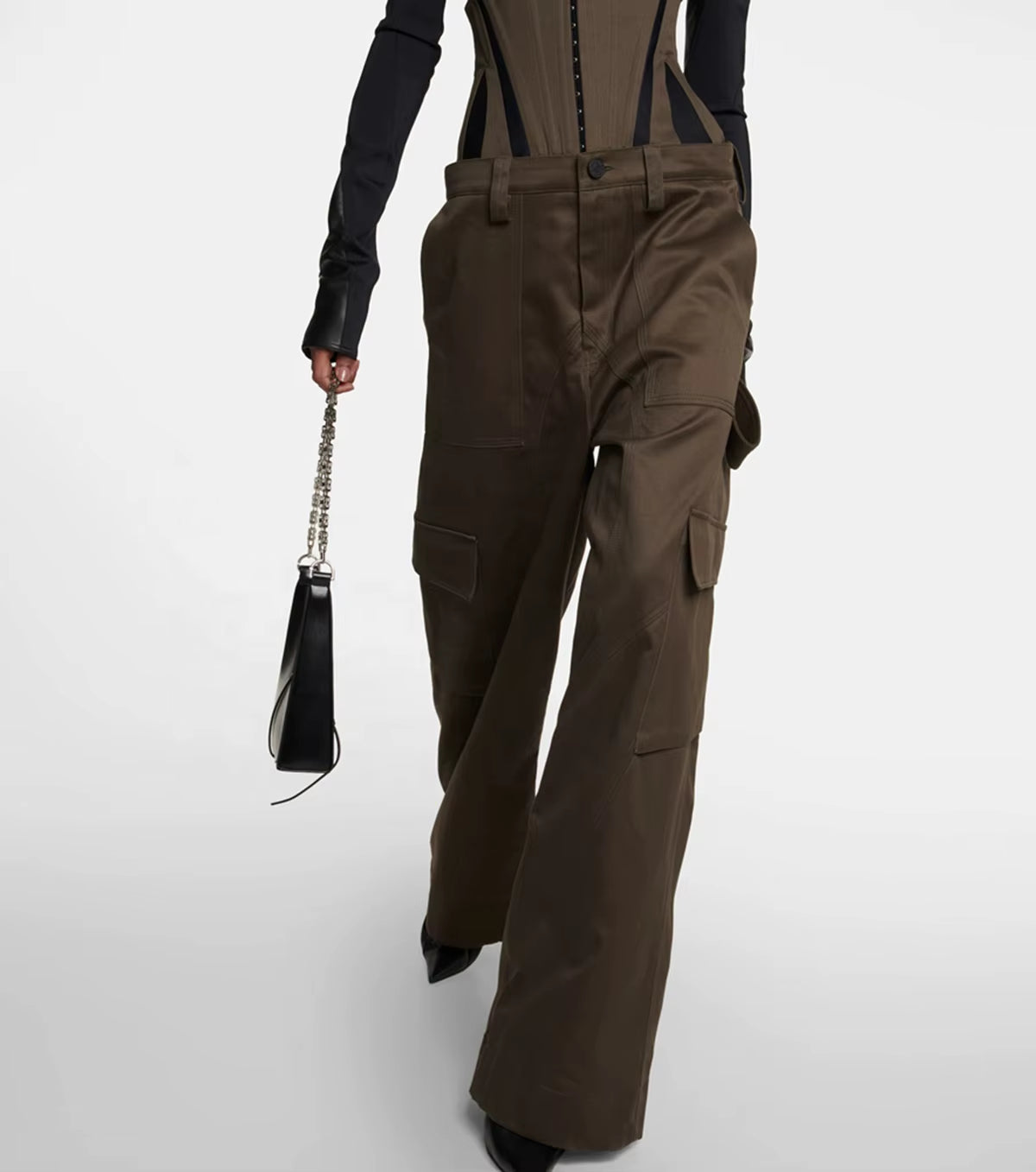 OUDINA Streetwear Wholesale Fishbone Stereotyped Green Loose High Waist Wide Leg Pants Trousers Womens Cargo Pants