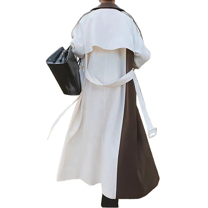 OUDINA Autumn Ladies Winter Coats Lapel Stitching Contrast Color Trench Long Coat for Women