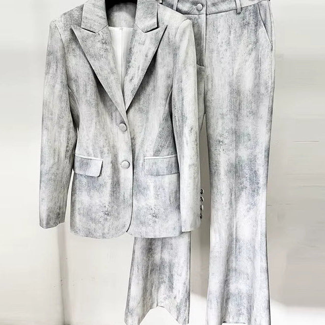 OUDINA Customize OEM&ODM Two Piece Tie Dye Print Mid-Length Suit Blazer Sets Jacket Elegant Pants Women'S Suit