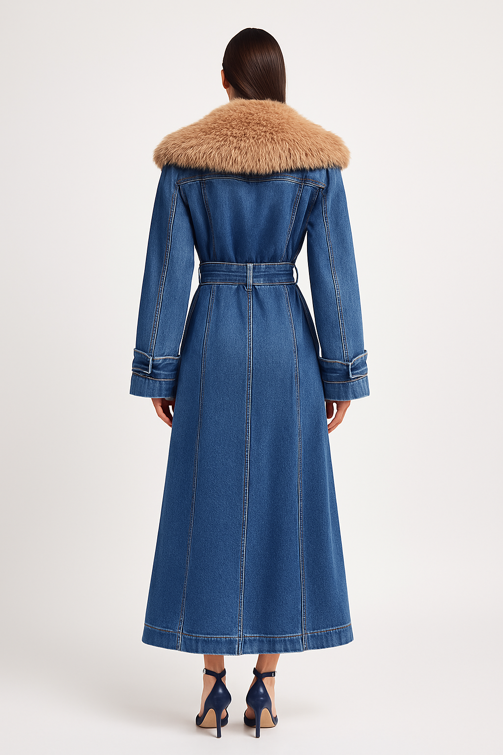 Denim Luxe Longline Coat with Faux Fur Collar