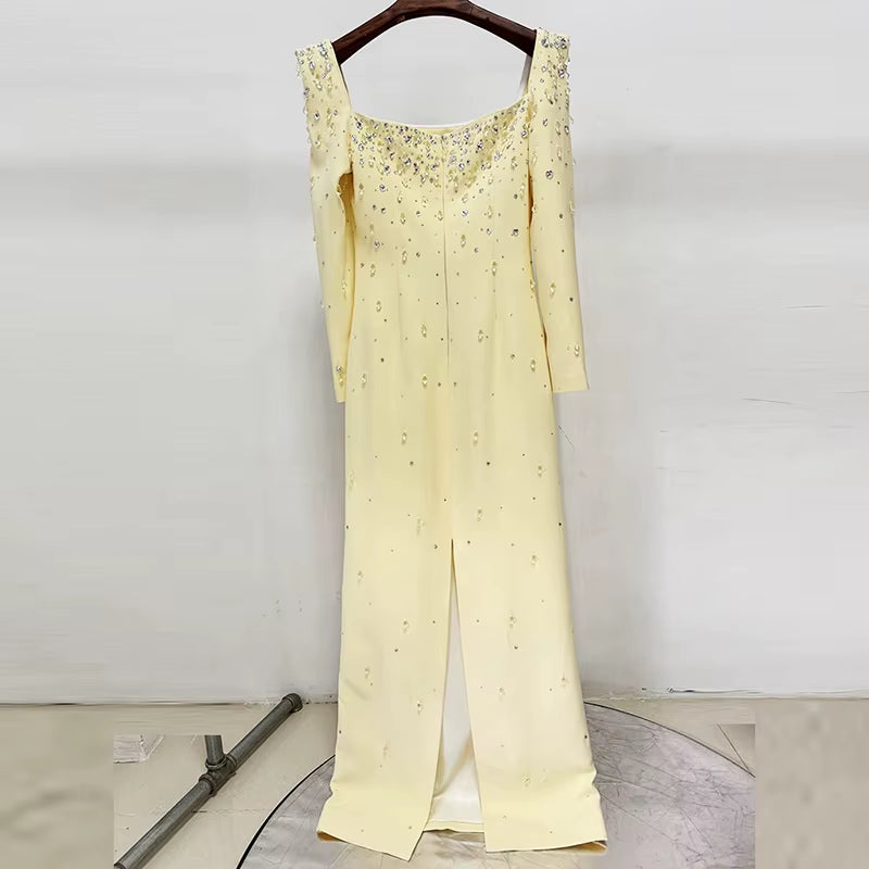 OUDINA Stylish New Long Sleeve Square Collar Beaded Diamond Rhinestones 3XL plus Size Long Gown Women Elegant Party Dresses