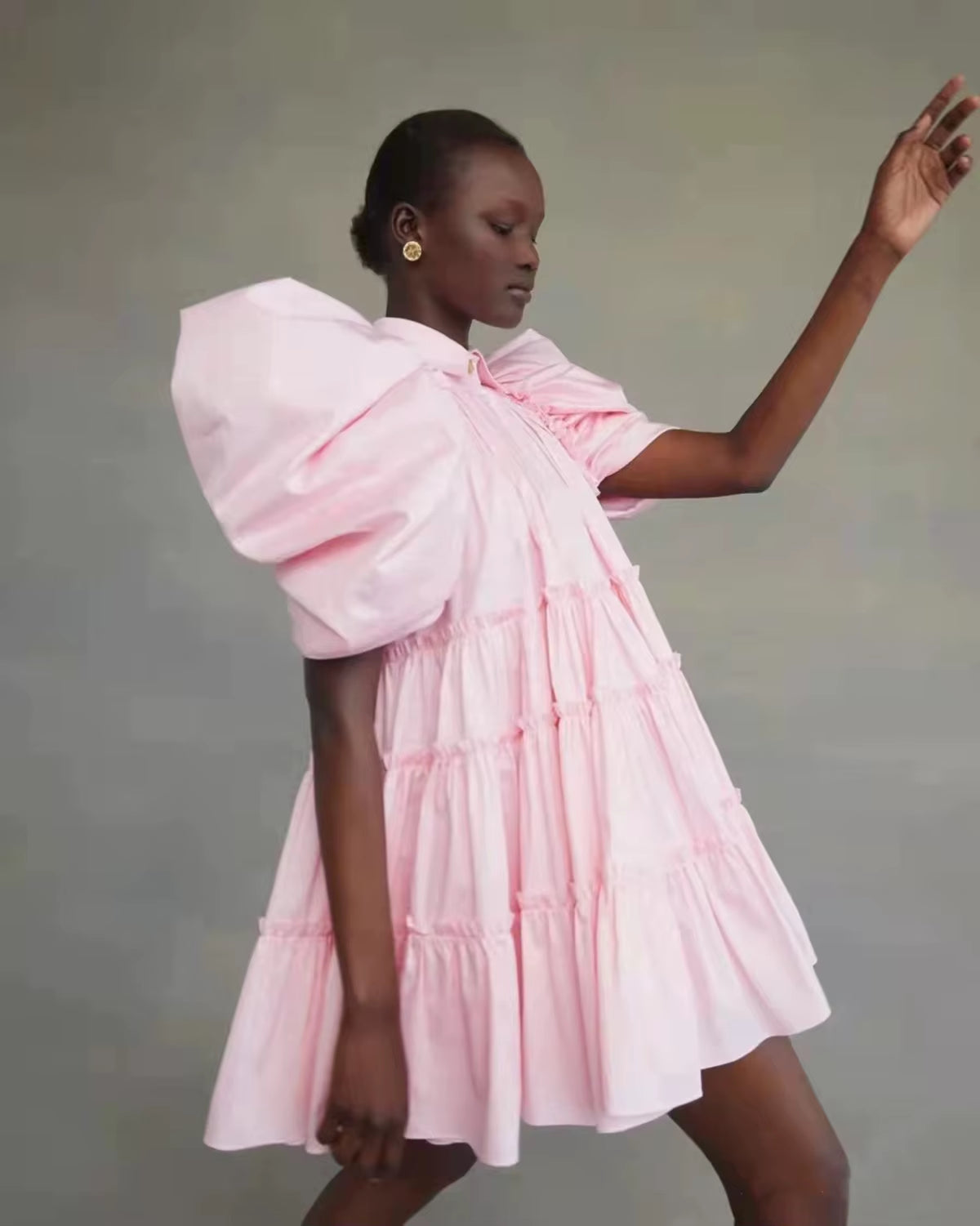 OUDINA 2022 New Stylish Puff Sleeve Loose Oversized Mini Dresses Women Casual Shirt Vintage Pleated Dress