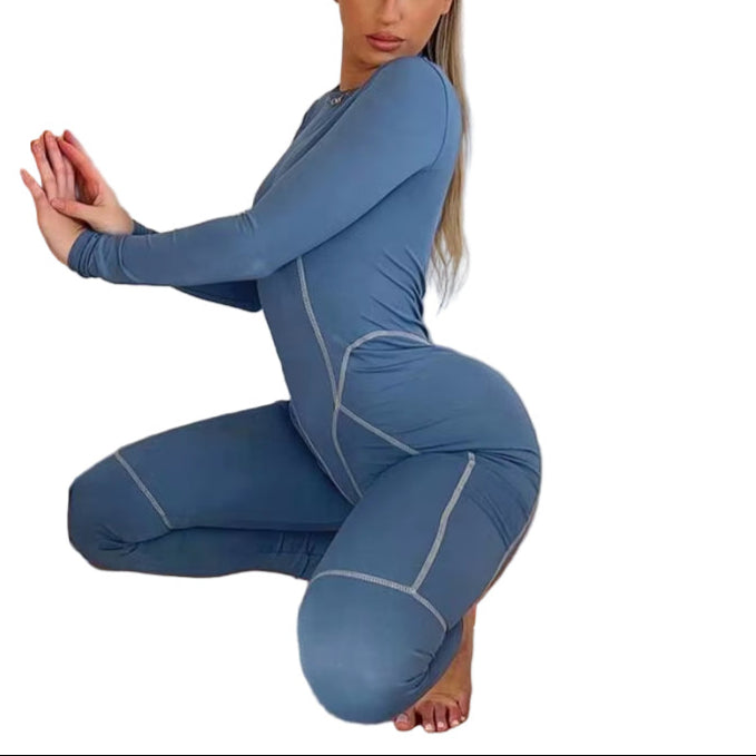 OUDINA Fashion Printing round Neck Long Sleeve High Waist Tights Rompers Jumpsuit Women