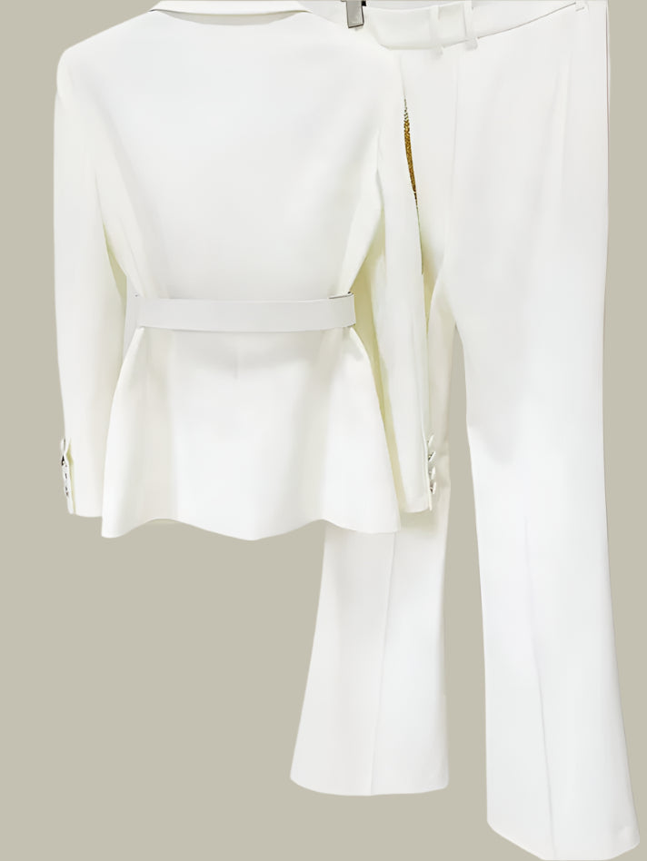 OUDINA Wholesale Office Formal Two Piece Diamond Rhinestones Belt Suit Bottom Pants & Tuxedo Blazers Women'S Suits