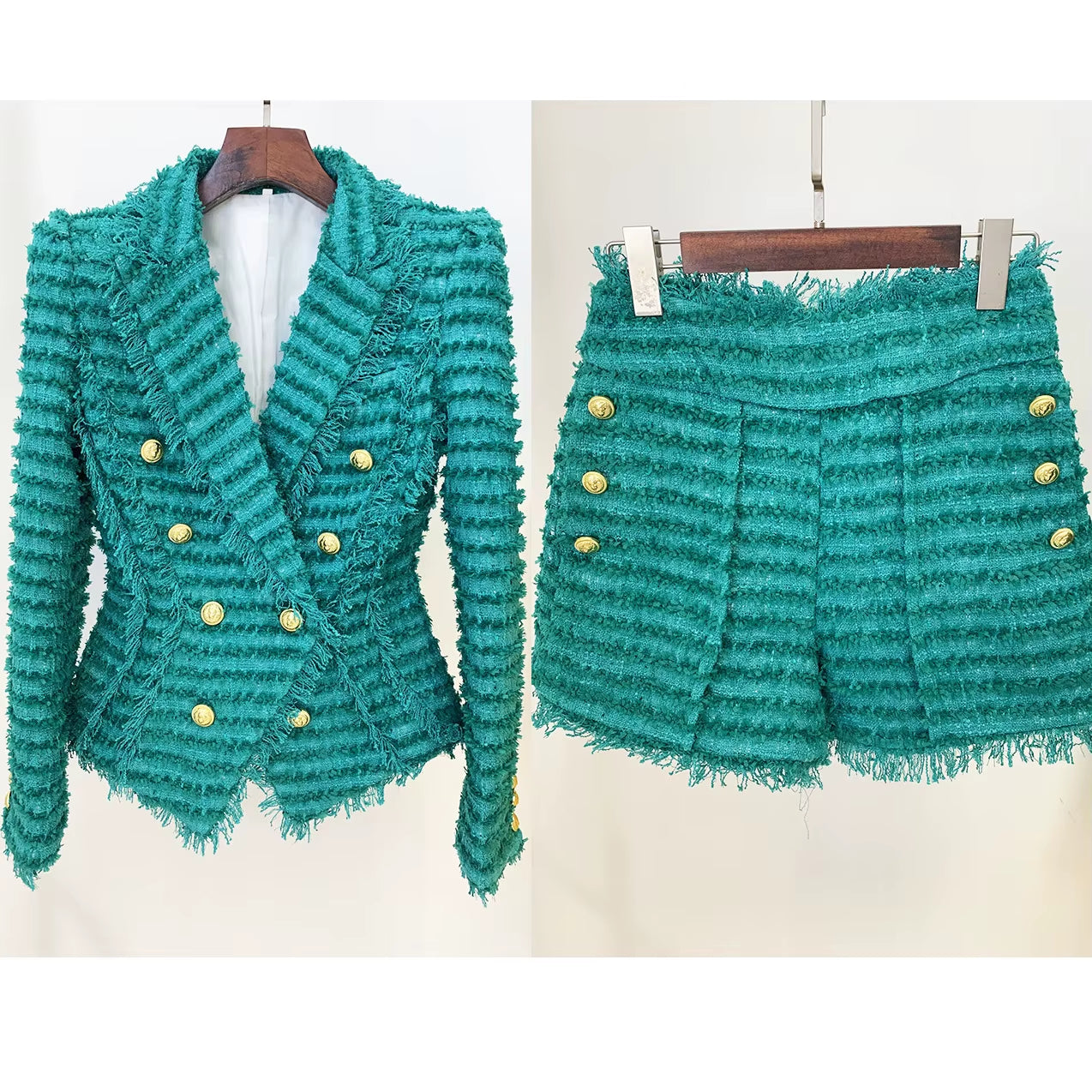 OUDINA Wholesale Two Piece Sets Knitted Profession Office Fringed Tweed Blazer Shorts Suit Set for Ladies Women'S Suits & Tuxedo