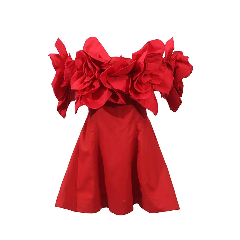 Factory Wholesale Three Dimensional Big Flower Splicing off Shoulder Solid Color Waist Short 2025 Prom Dresses Evening Dress