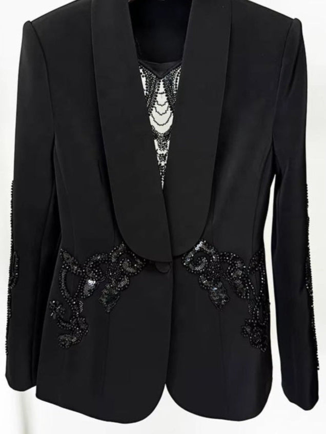 OUDINA Factory Spot Elegant Mesh Splicing Beaded Suit Jacket Chiffon Trousers Pants Blazer Two Piece Business Women'S Suit Pants