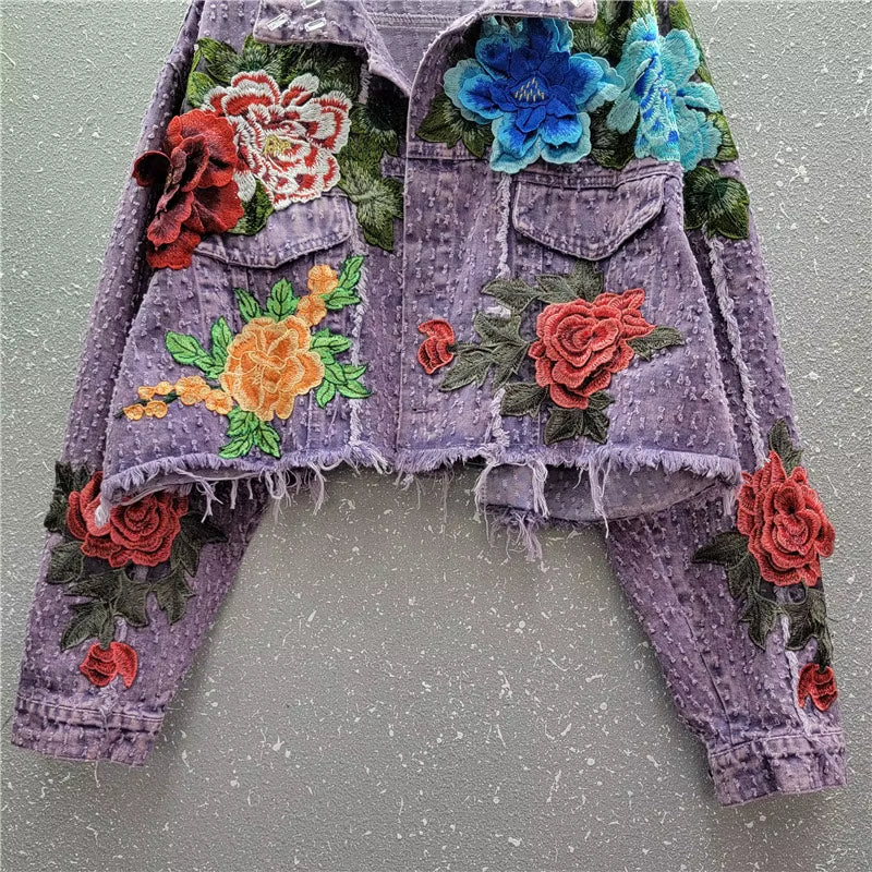 OUDINA New Arrivals Elegant Purple Three-Dimensional Flower Edge Short Casual Jean Cropped Jackets Denim Jacket for Women