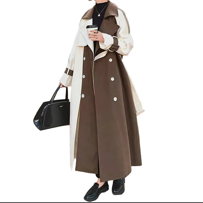 OUDINA Autumn Ladies Winter Coats Lapel Stitching Contrast Color Trench Long Coat for Women