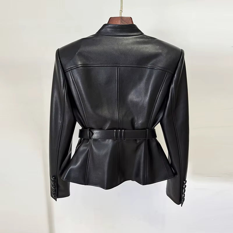 OUDINA New European Fashion Elegant Belt Slim plus Size Pu Jackets Coat Motorcycle Women'S Leather Jacket