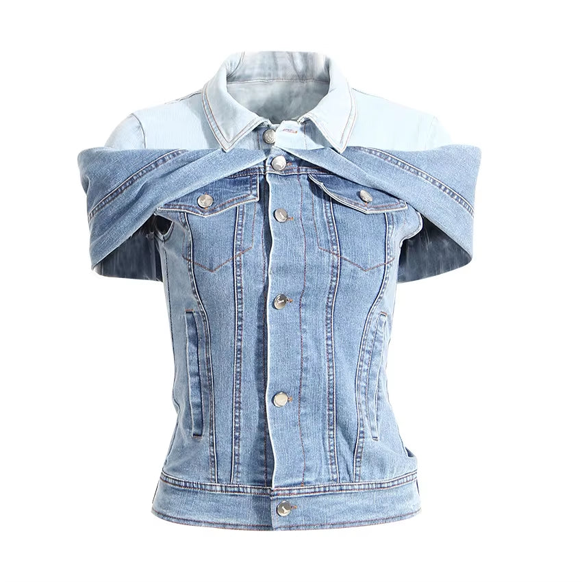 OUDINA Fashionable Unique Style Layered One Shoulder Irregular Blouses and Top Denim Tops Shirts for Women