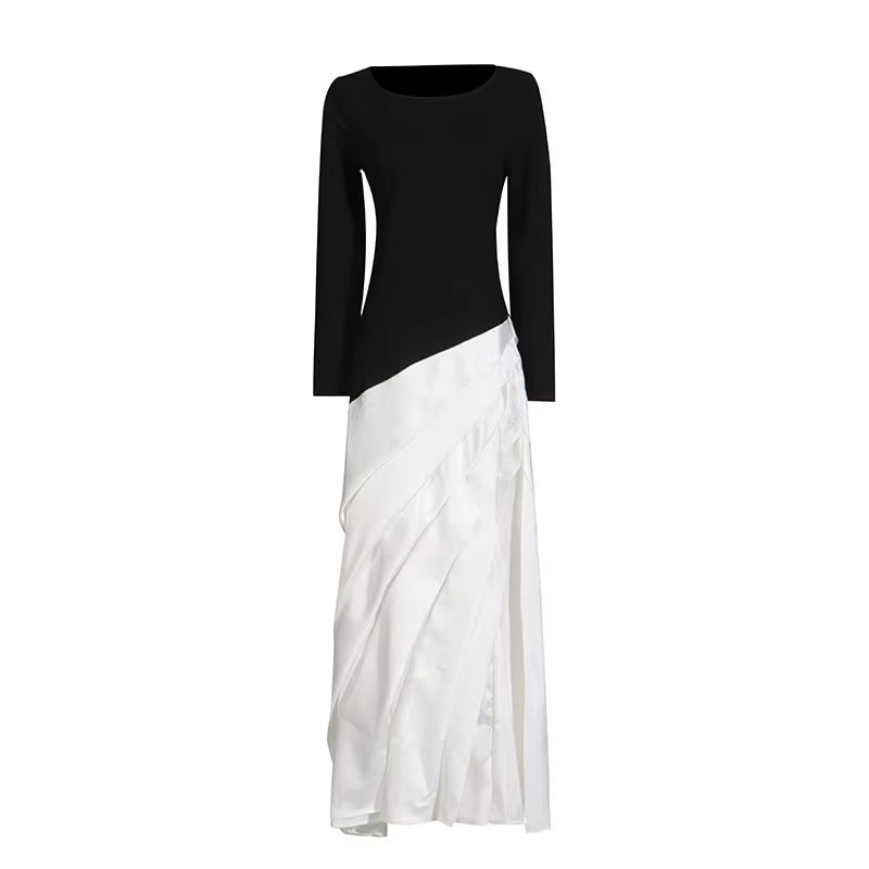 Contrast Color Stitch Pleated Elastic Dress