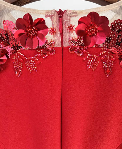 OUDINA New Style Beaded Red Splicing Dimensional Flower Mesh Sleeve Long Dress Dinner Lady Elegant Women Evening Dresses
