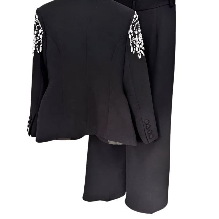 OUDINA New Elegant Rhinestones Beaded Diamond Single Button Suits Blazer Pants Two Piece Sets Women'S Suits & Tuxedo