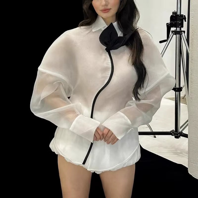 OUDINA Boutique Sweet Style See through Lantern Sleeve Casual Elegant Loose Tops and Blouses Shirts for Women