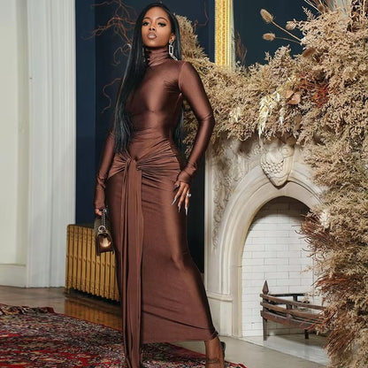 OUDINA Popular Fashion Style Casual Pleated Tight Solid Color Tight Bodycon Long Dresses Dress for Women