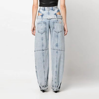 OUDINA Hot Style New Straight Fit Jeans Sexy Hollow Waist-Baring Lace-Up Denim Solid Color Pants for Women